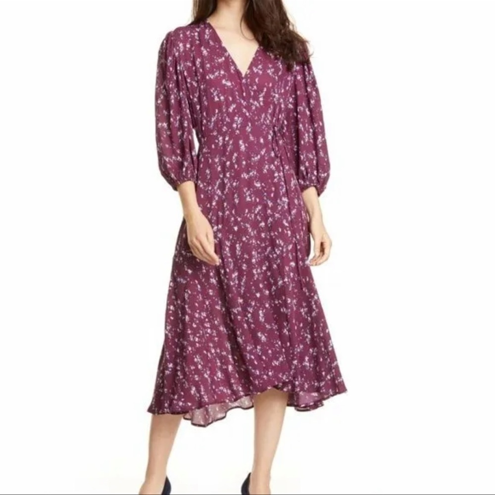LEWIT Floral Wrap Dress Purple Cream Ivory Dot Midi 3/4 Sleeve V-Neck Size 14